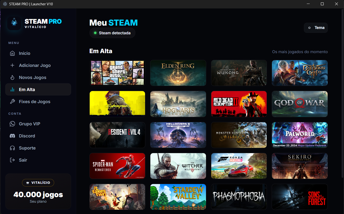 Launcher da Steam Pro mostrando a biblioteca com os jogos em alta